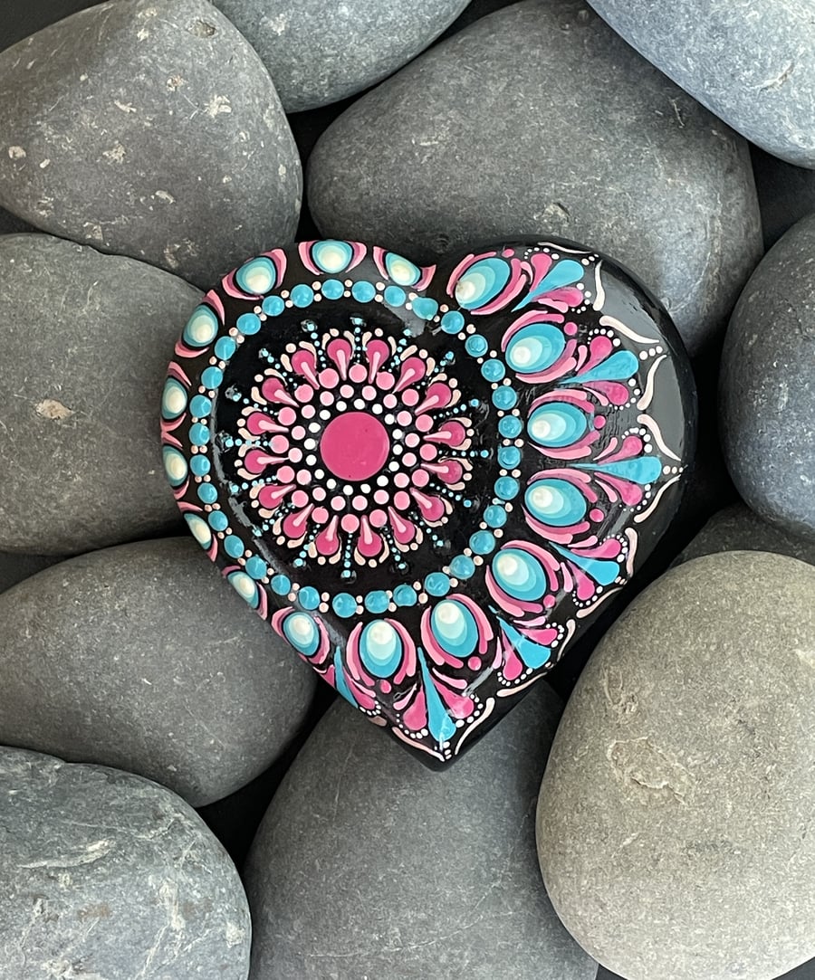 Pink Turquoise Heart Mandala Rock Art Stone Acrylic Painting Hand Painted 