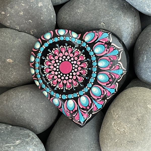 Pink Turquoise Heart Mandala Rock Art Stone Acrylic Painting Hand Painted 