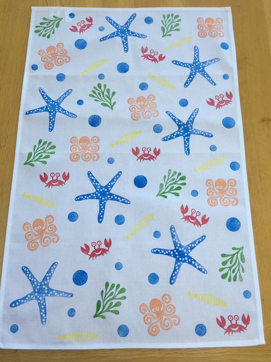 Hand Block Printed Tea Towel - Under the Sea