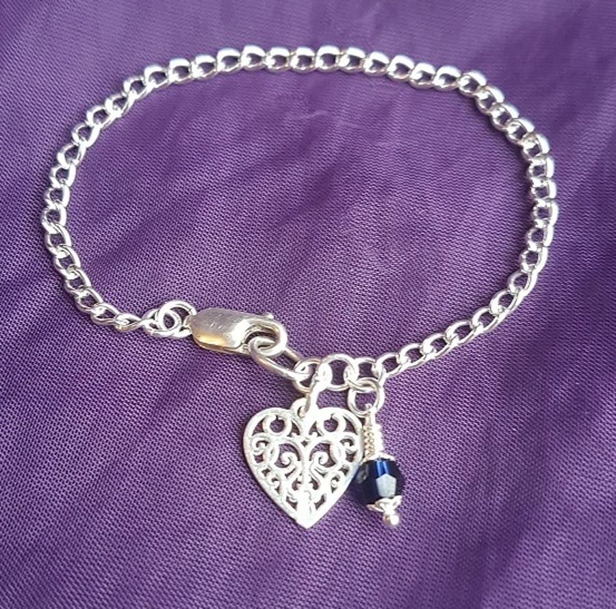 Elegant Sterling Silver Chain Bracelet with Heart and Crystal - Made to Order