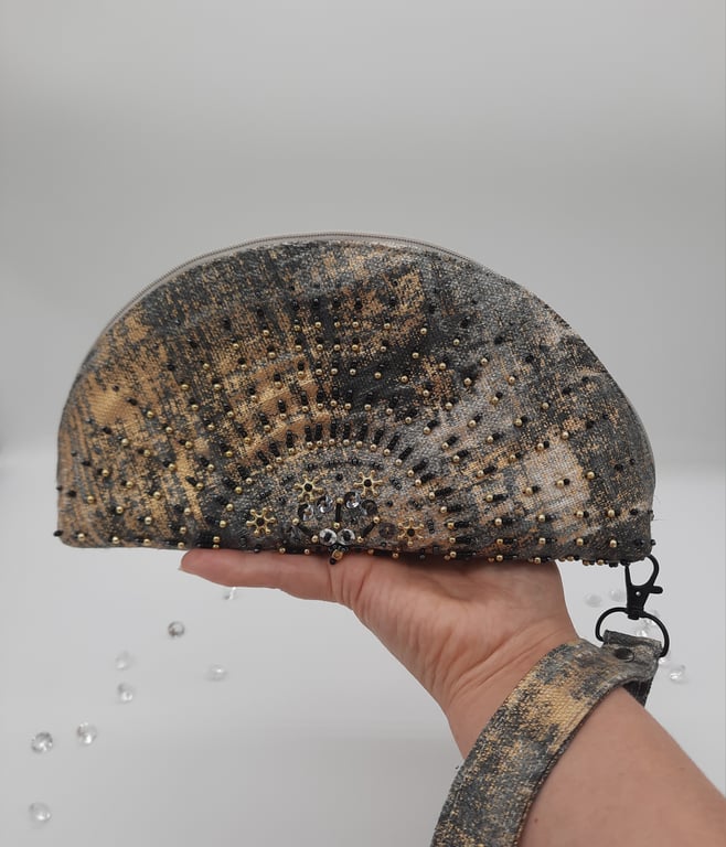 Gold and grey, beaded clutch bag, with wristlet, 