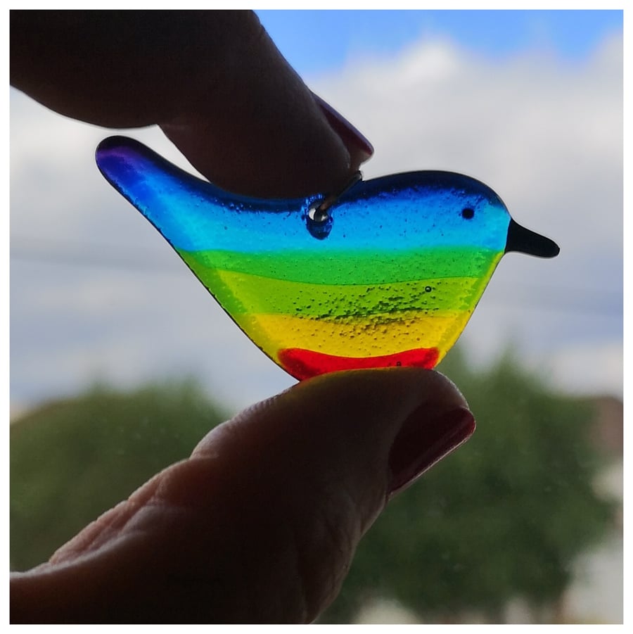 Rainbow Wren of Hope glass pendant with sterling silver jump ring