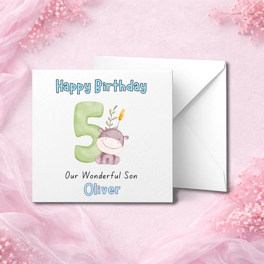 Personalised 5th Birthday Card with Cute Hippo and Name, Custom Age Children