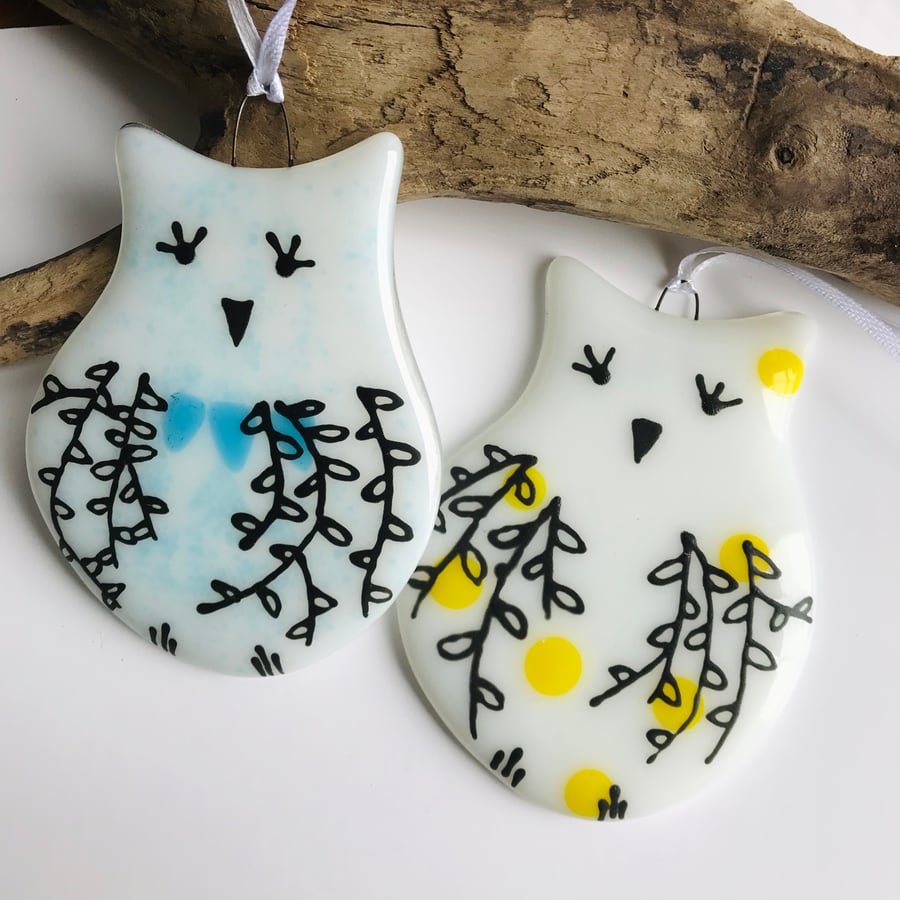 Owl fused glass wall hanging, wildlife art, white