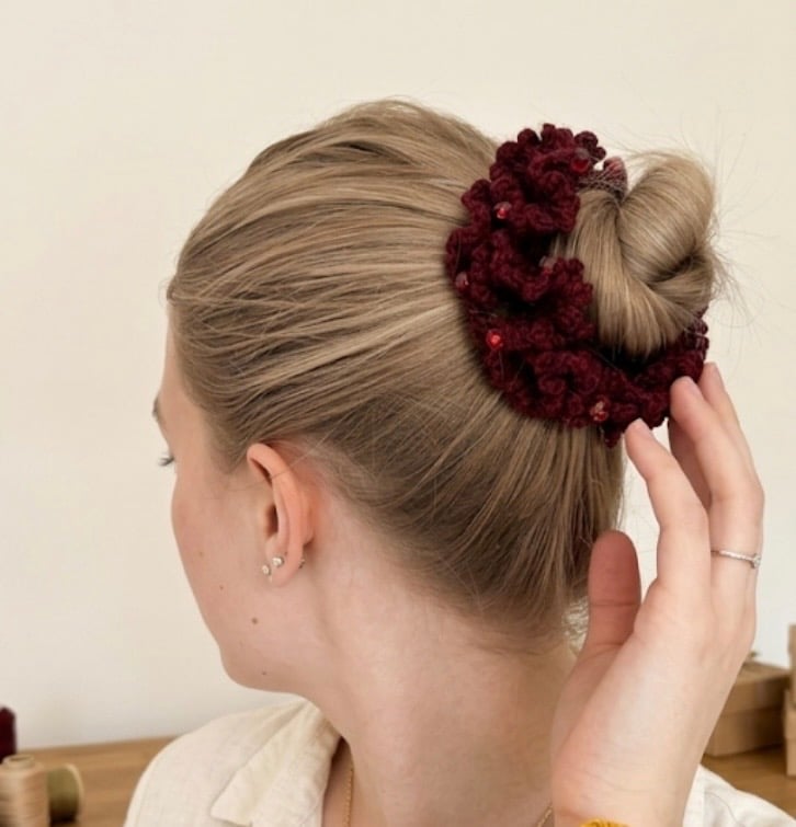 Burgundy Crochet Scrunchie with Red Beads 