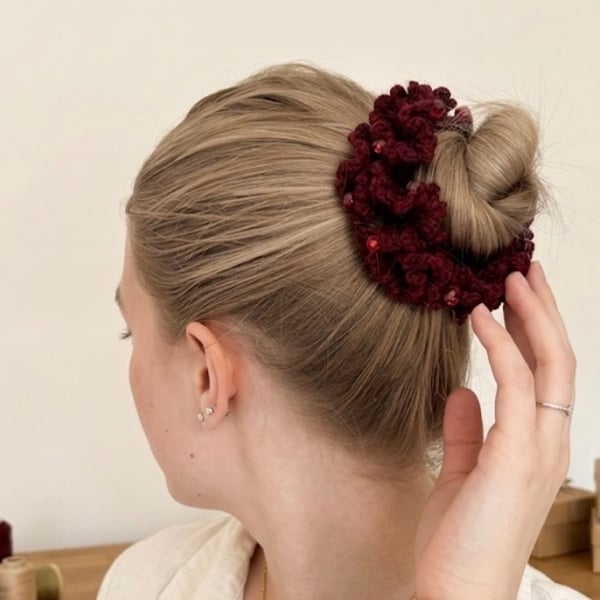 Burgundy Crochet Scrunchie with Red Beads 