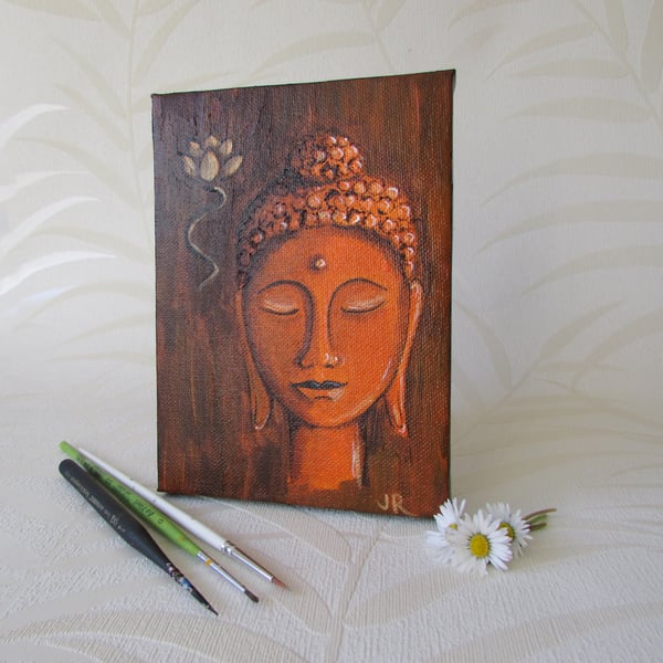 Buddha Painting on Canvas, Orange & Brown Acrylic Painting