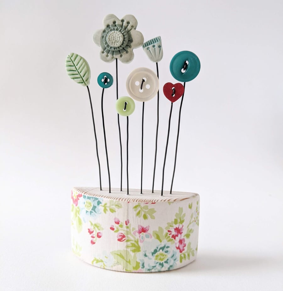Clay and Button Flower Garden in a Floral Wood Block