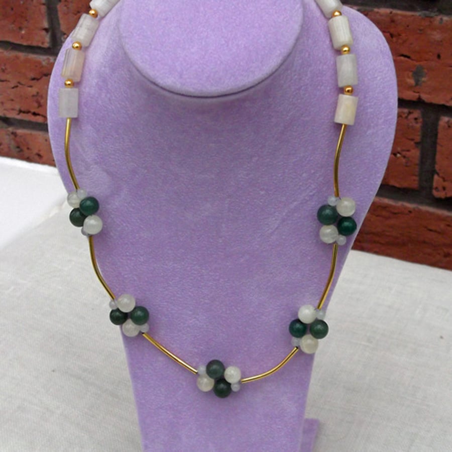 Aventurine and Onyx Necklace,  White and Green Necklace, Gemstone Necklace