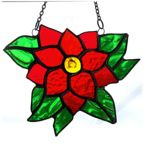 Poinsettia Stained Glass Suncatcher Red Christmas Flower Gift