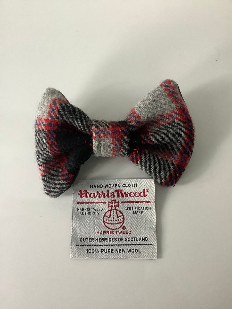 Harris Tweed Dog Bow Tie,Grey, Black and Red over the collar bow tie (2HT1)