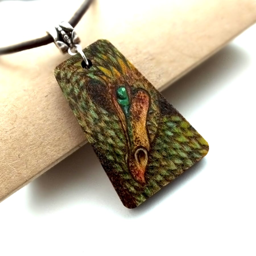 The Dragon's Eye Wooden Pyrography Pendant Necklace with Prismacolour