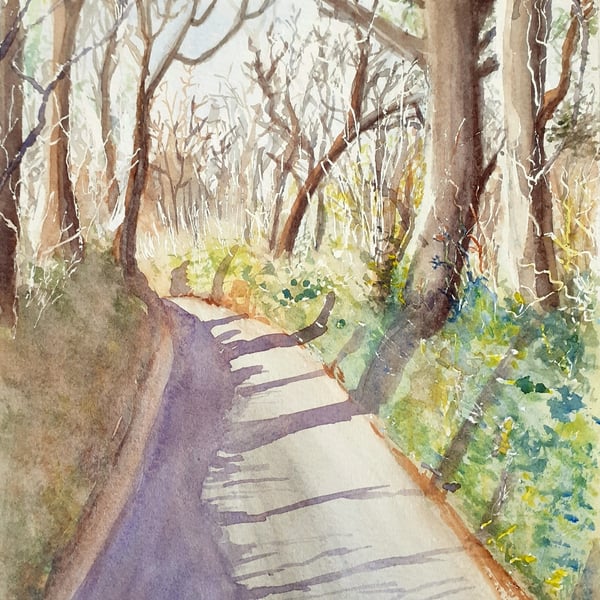 Original watercolour painting View from a Spring Walk countryside scene Cornwall