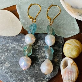 Baroque pearl and blue apatite gemstone earrings - BPGE05