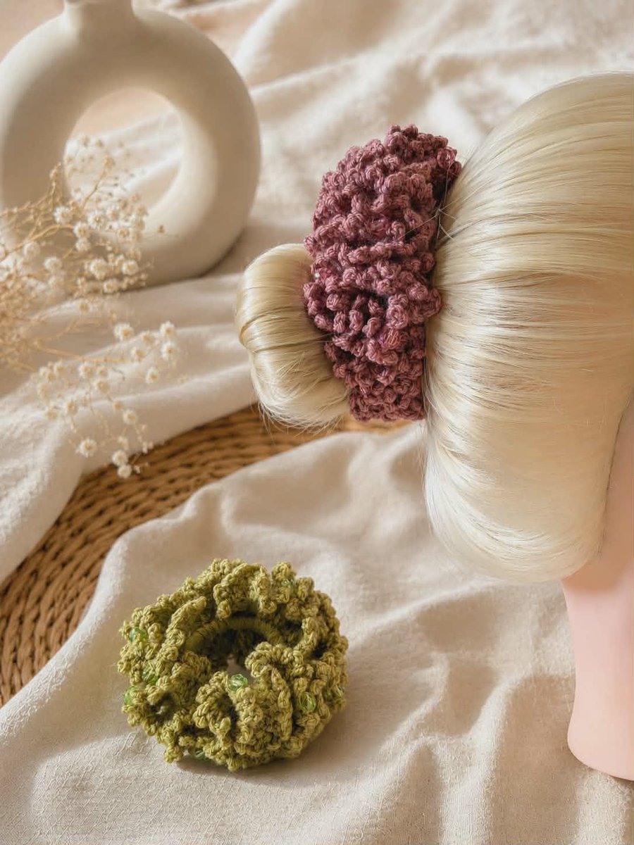 Ruffled Crochet Scrunchie with Beads - Handmade Acrylic Accessory - Green or Pin