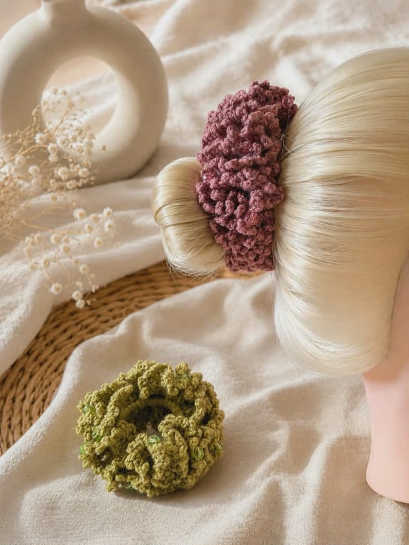 Ruffled Crochet Scrunchie with Beads - Handmade Acrylic Accessory - Green or Pin