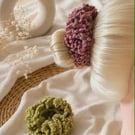 Ruffled Crochet Scrunchie with Beads - Handmade Acrylic Accessory - Green or Pin