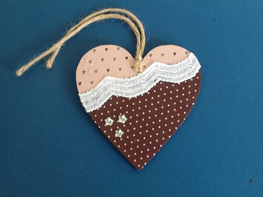SALE - 10cm Hanging Heart (brown polka dot) 