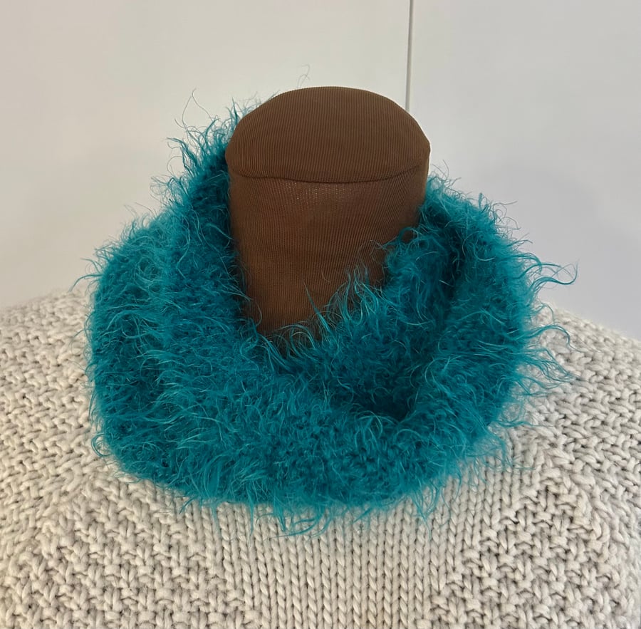 Fluffy hand knitted cowl