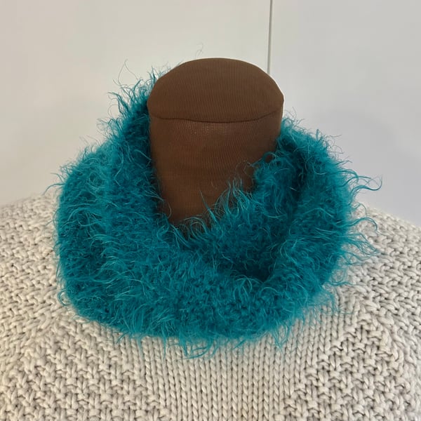Fluffy hand knitted cowl