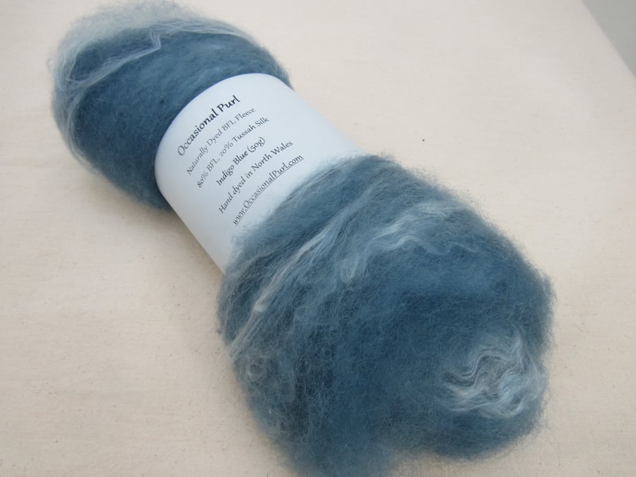50g Indigo Blue Naturally Dyed BFL and Silk Wool Batt