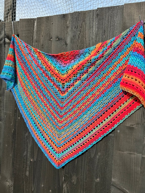 Bold colourful lace triangle shawl scarf in wool rich sock yarn