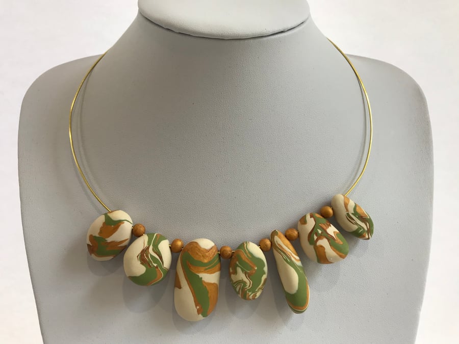 Gold, Green, Olive & Cream Handmade Polymer Clay Pebbles Beaded on Wire Necklace