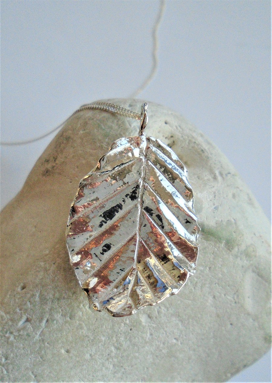 Fine silver beech leaf pendant