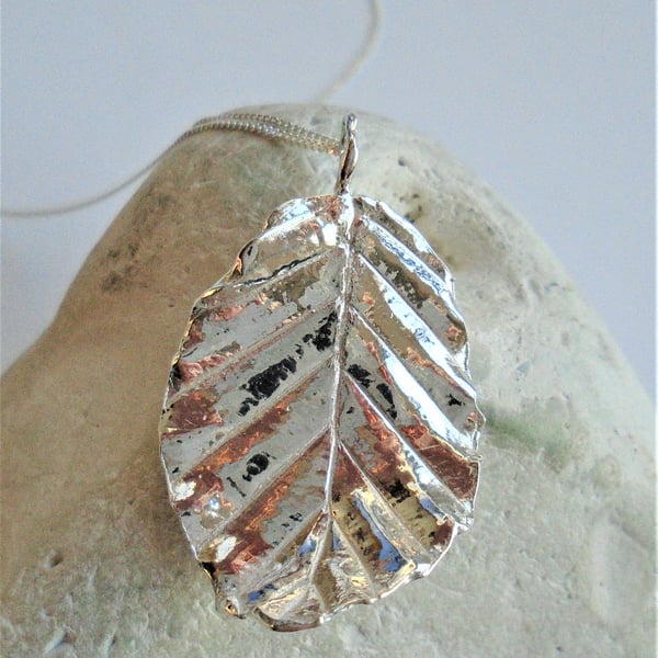 Fine silver beech leaf pendant