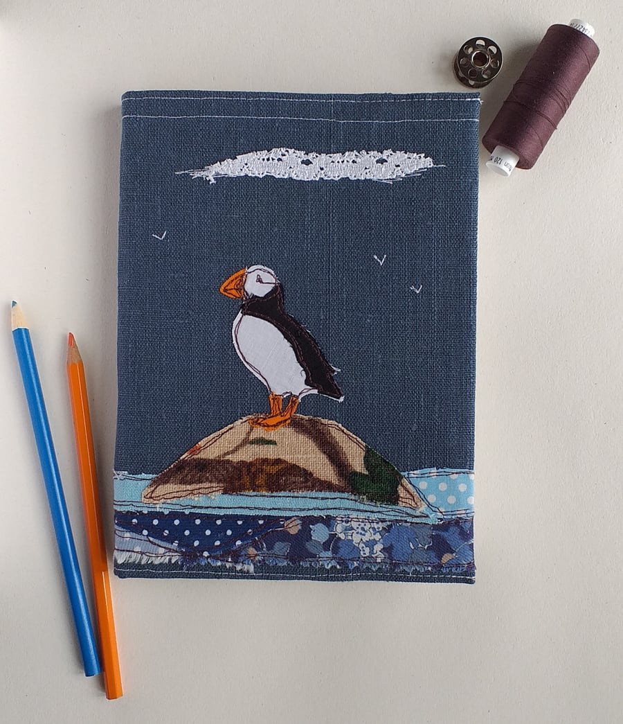 A5 Hardback Notebook with Embroidered Puffin on a Removable Cover