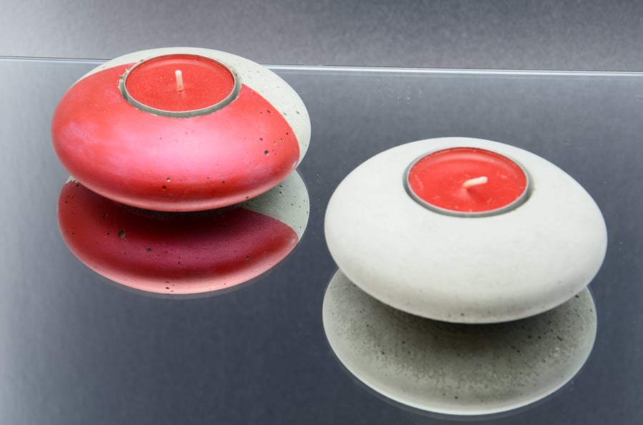 Set of 2 Handmade Round Concrete Tea Light, Air Plant Holders - Red & Grey