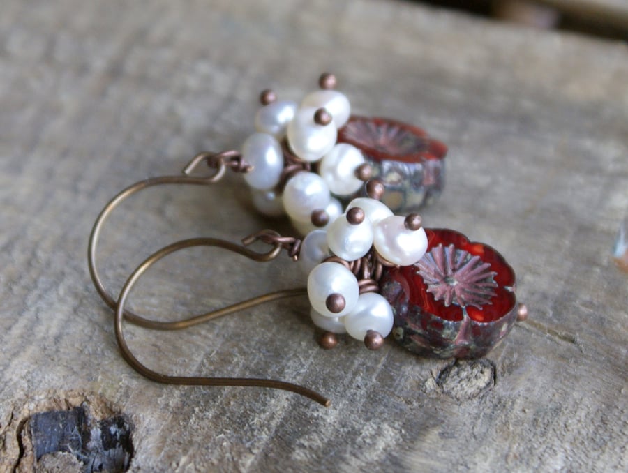 Red Czech Glass & Freshwater Pearl Cluster Earrings