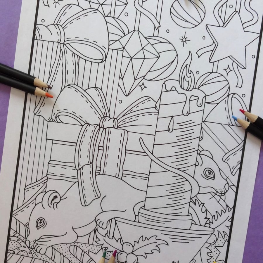 Mouse A4 Christmas Colouring Page Printable JPG by S Godwin Studio