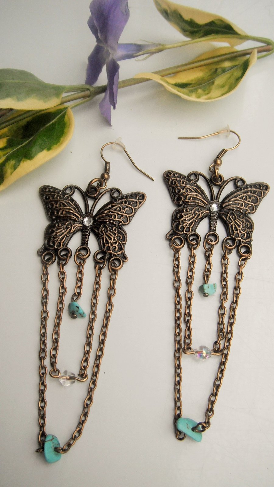 Vintage Style Butterfly Earrings Bronze and Turquoise 