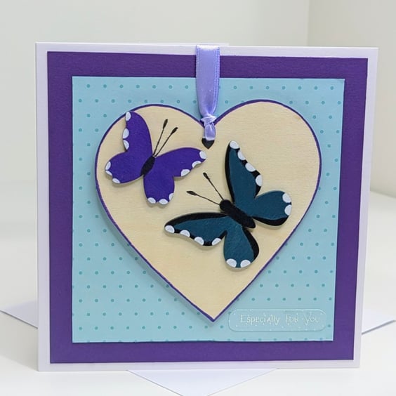 Butterflies handmade card with detachable wooden heart keepsake