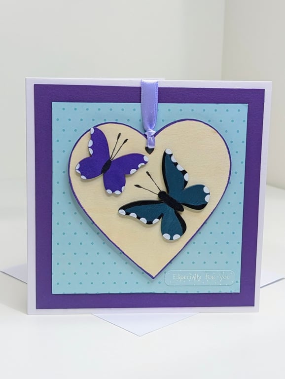 Butterflies handmade card with detachable wooden heart keepsake