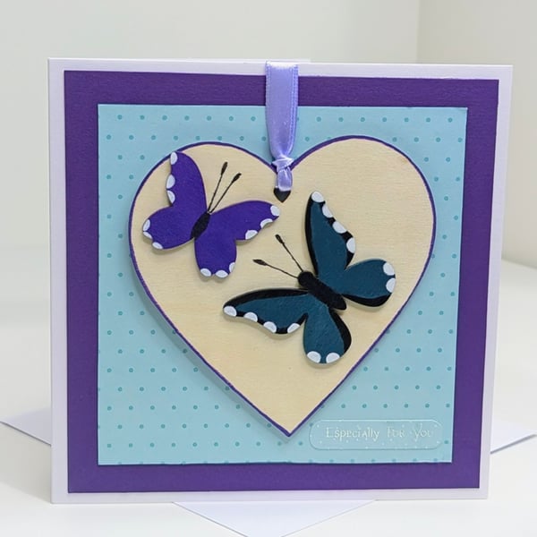 Butterflies handmade card with detachable wooden heart keepsake