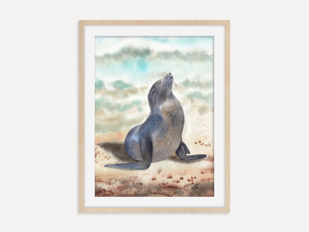 Sunbathing Seal Art Print, Coastal Wildlife Wall Art, Seal Beach Artwork Poster