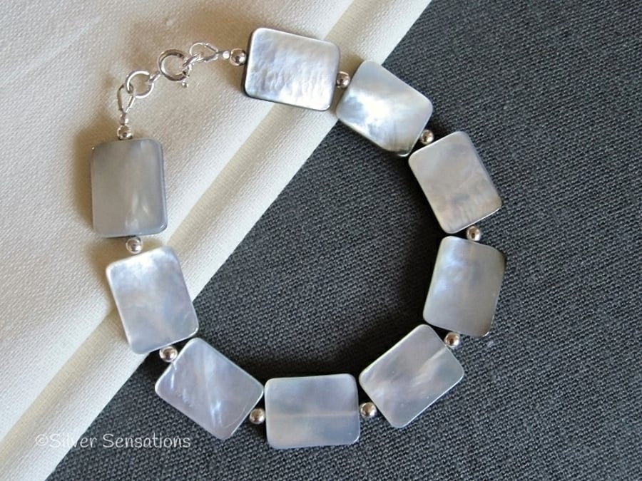 Silvery Grey Black Lip Shell Flat Oblong Beads & Sterling Silver Bracelet