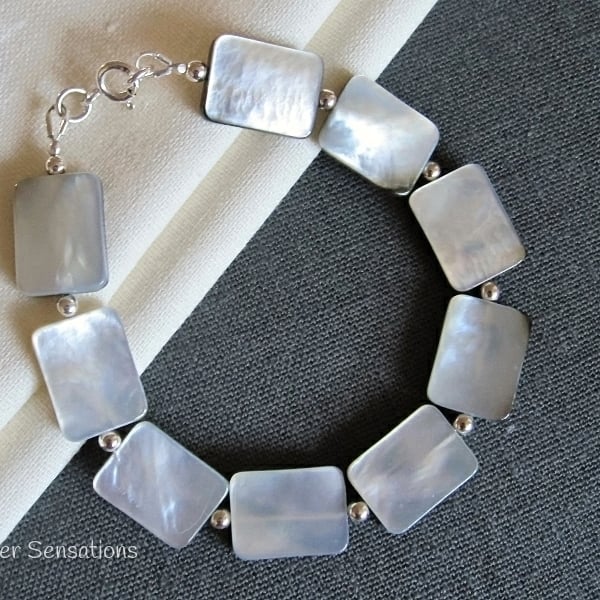 Silvery Grey Black Lip Shell Flat Oblong Beads & Sterling Silver Bracelet