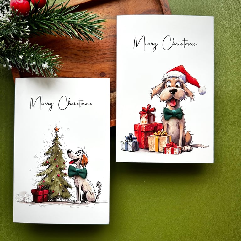 Festive dog Christmas card Santa puppy in hat greeting pet lover holiday wishes