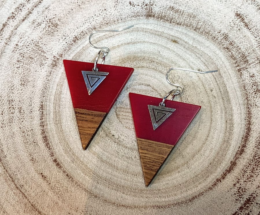 Triangle Walnut Wood & Resin Earrings.