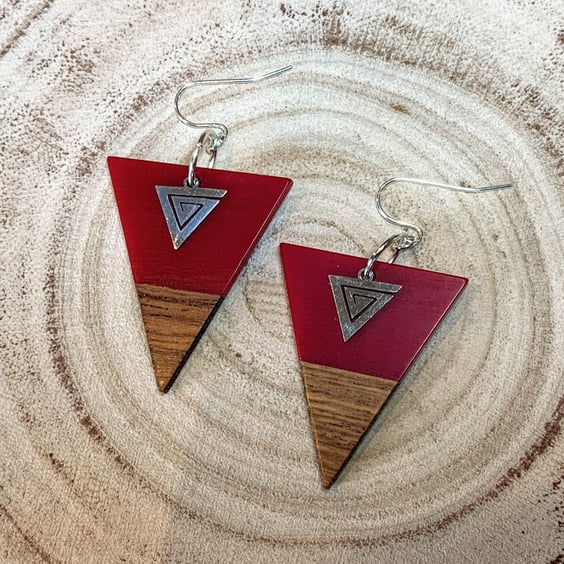Triangle Walnut Wood & Resin Earrings.