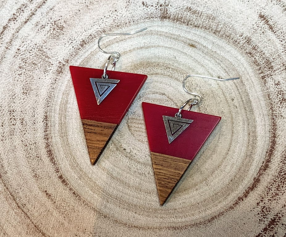 Triangle Walnut Wood & Resin Earrings.