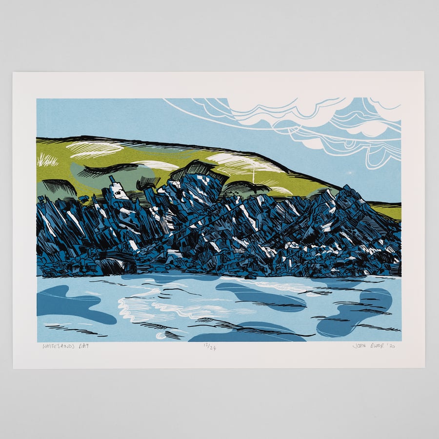 "Whitesands Bay" limited edition screen print, rocks, cliffs, coast