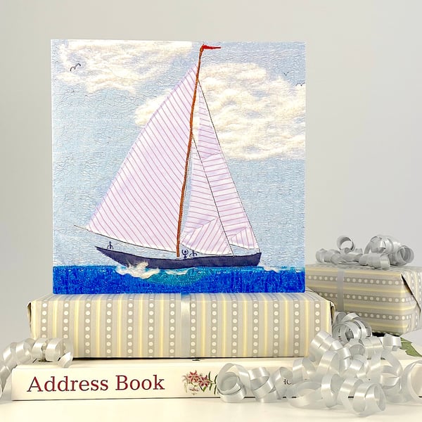 Sailing boat birthday card - textile artwork reproduction