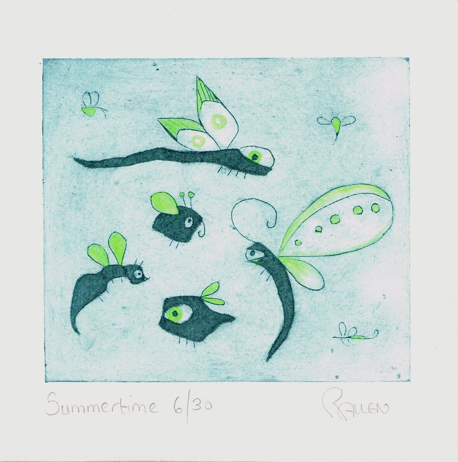 Summertime bug drypoint etching print, hand printed