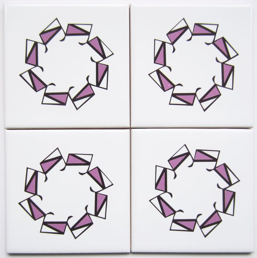 4 x Pink Geometric Ceramic Tile Coasters with Cork Backing - CLEARANCE PRICE