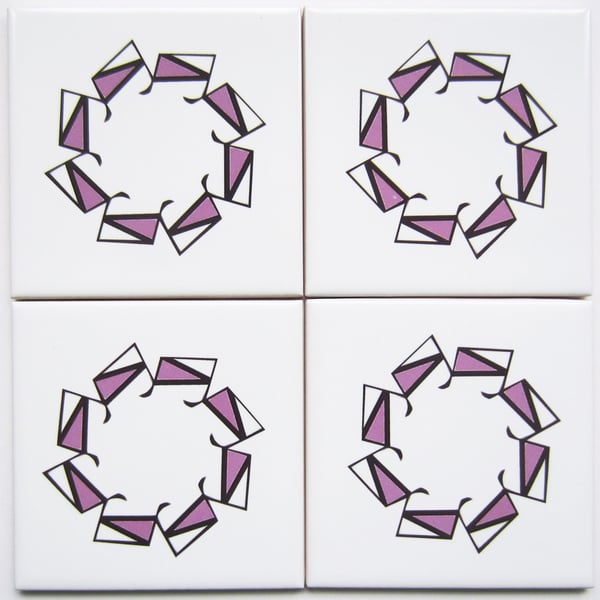 4 x Pink Geometric Ceramic Tile Coasters with Cork Backing - CLEARANCE PRICE