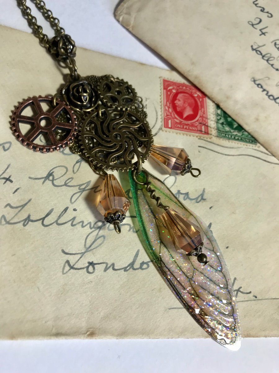 Steampunk Green Fairy Wing Antique Bronze Necklace